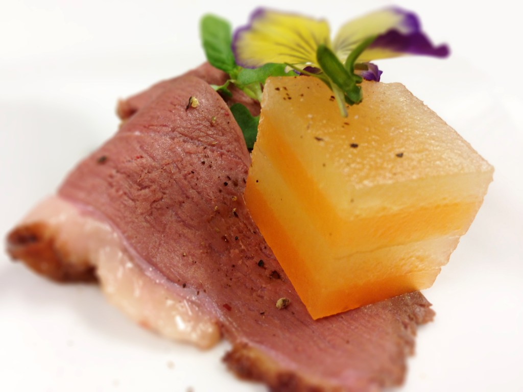 Aviation Catering Sous Vide Compressed Melons Terrine and Duck Carpaccio